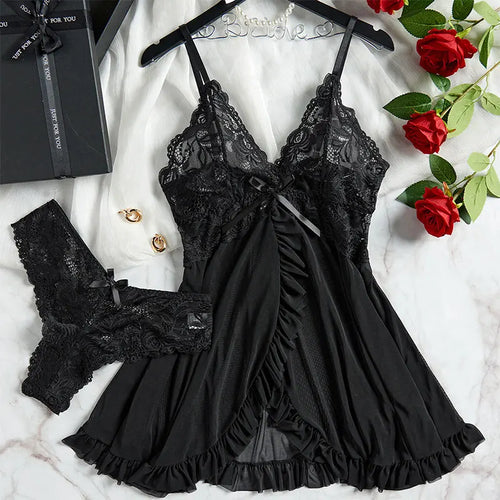 Thin Style G-string Contrast Lace Ruffle Trim Lingerie Set Deep V Slip