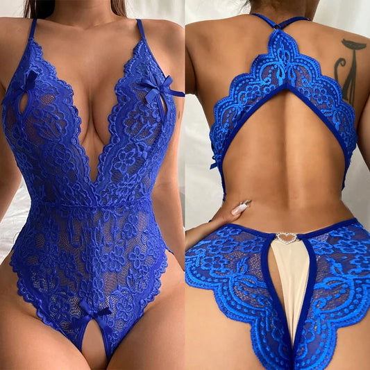 One-Piece Open Bra Blue Crotchless Lingerie For Sex Lace Transparent