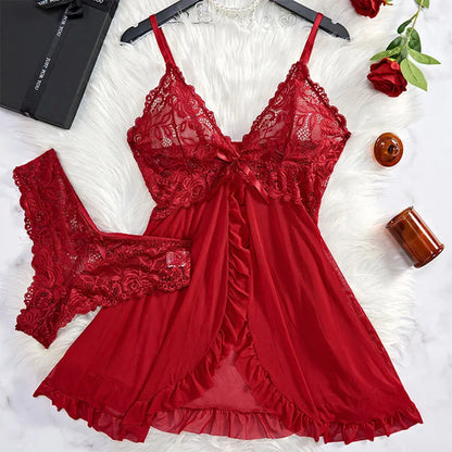 Thin Style G-string Contrast Lace Ruffle Trim Lingerie Set Deep V Slip